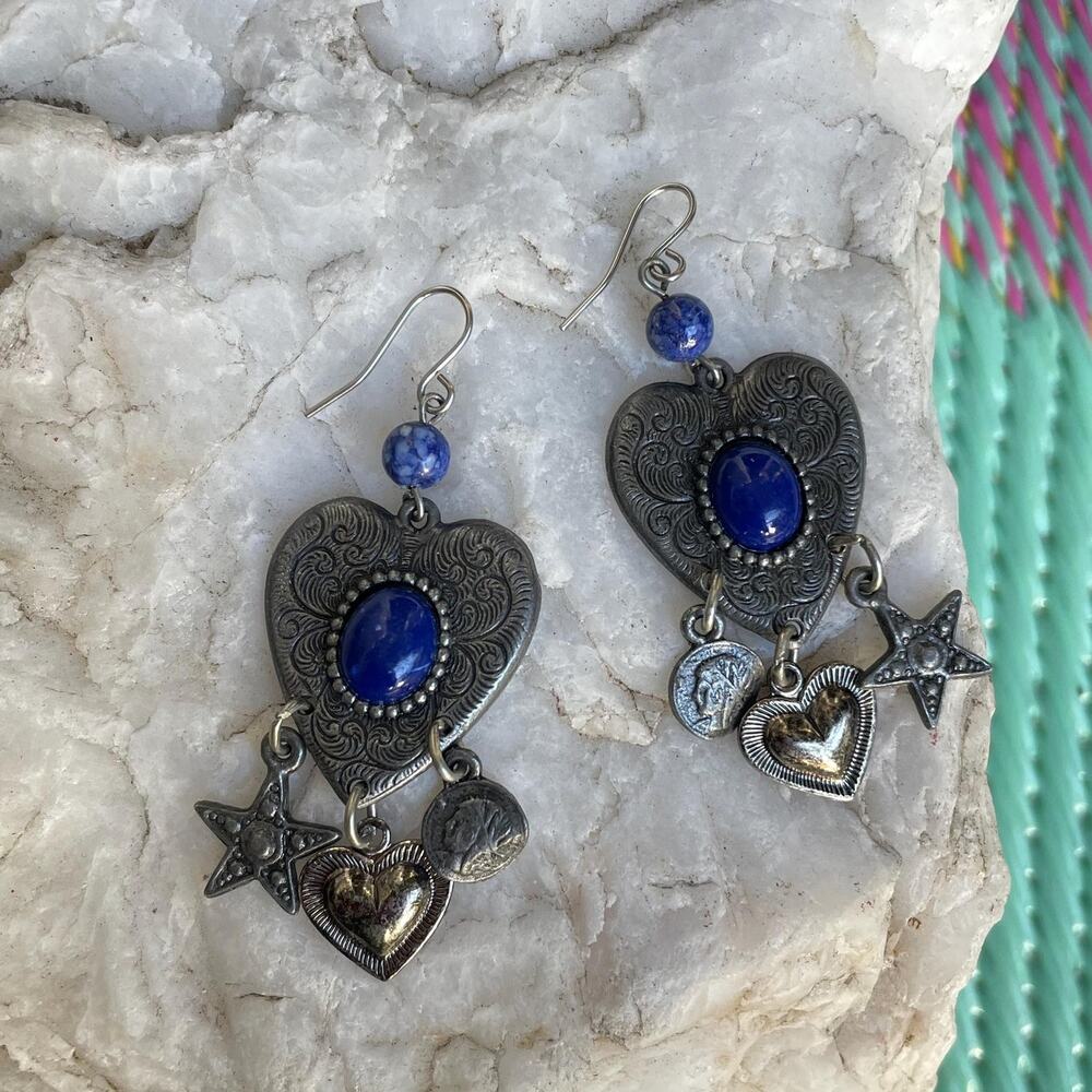 Y2K Vintage Blue Stone Heart Dangle Earrings Boho Southwestern Statement Jewelry